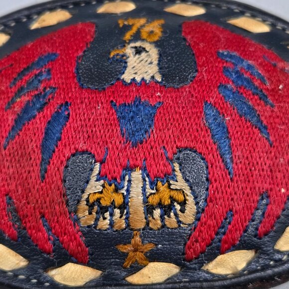 1976 Tony Lama Leather Oval Belt Buckle Embroidered Eagle Patriotic Signed main image 5